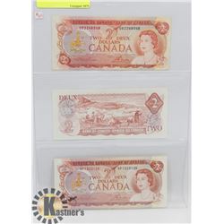LOT OF 3 CANADA $2 BILLS 1974