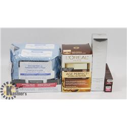 BAG OF CLEANSING WIPES, MOISTURIZER AND MORE.