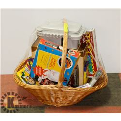 WICKER BASKET FILLED WITH MARKERS, STENCILS,