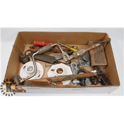 BOX OF ANTIQUE TOOLS AND HARDWARE WITH WOODEN