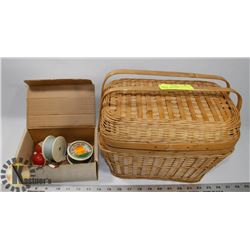 WICKER BASKET WITH SMALL BOX OF FISH HOOKS AND