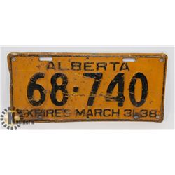 ALBERTA 1938 5 DIGIT "68-740" LICENSE PLATE