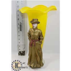 VINTAGE YELLOW VASE 13" WITH LADY FIGURINE