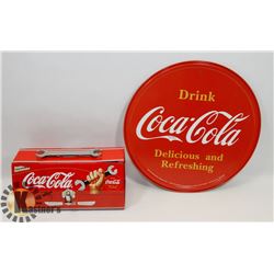ROUND COCA-COLA METAL SIGN & A COCA-COLA LUNCH BOX