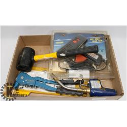 FLAT W/ NEW OLD STOCK GLUE GUN, RIVETER & A USED
