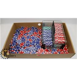 LARGE FLAT OF POKER CHIPS WITH GLASS CARRY CASE