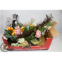 BOX OF NEW SILK FLOWERS/ARRANGEMENTS.