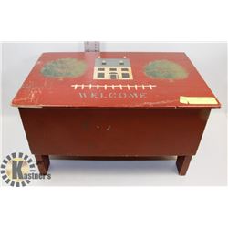 FOLK ART STORAGE STOOL, 18 X 11 X 12