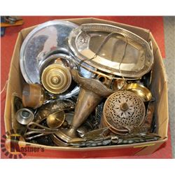 LARGE BOX OF EP ROGERS, BRASS, SILVERPLATE AND