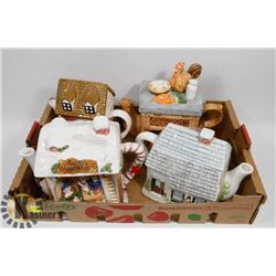 FLAT OF DECORATIVE TEA POTS