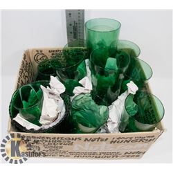 BOX OF GREEN GLASS GOBLETS AND VASES