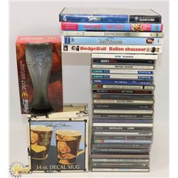 BOX OF CDS, DVDS, MARILYN MONROE MUG, COKE