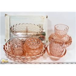 BOX OF PINK DEPRESSION GLASS, ONE WITH ORIGINAL