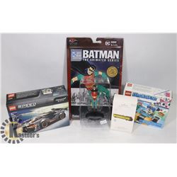 BOX OF LEGOS, HALLMARK, BATMAN FIGURES