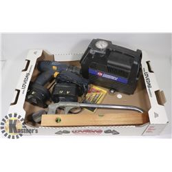 BOX OF TOOLS INCL HACKSAW, COMPRESSOR, LEVEL, 12V