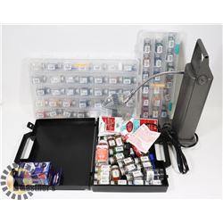BOX OF PAINTS FOR MODELS AND LIGHTED MAGNIFIER.
