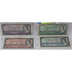 1954 CANADIAN BILL SET - $1, $2, $5 AND $10.