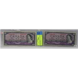 LOT OF TWO 1954 CANADIAN $10 BANK NOTES.