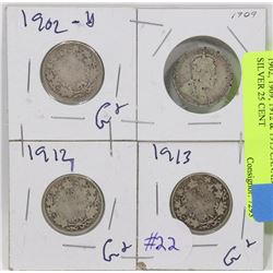 1902, 1909, 1912 & 1913 CANADIAN SILVER 25 CENT