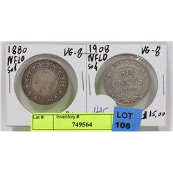 1880 & 1908 NEWFOUNDLAND SILVER 50 CENT COINS.
