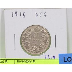 1915 CANADIAN SILVER 25 CENT COIN.