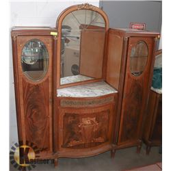 LARGE WOOD INLAY MARBLE TOP SOLID VANITY.