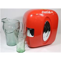 COCA COLA MINI FRIDGE WITH COKE PITCHER & GLASS.