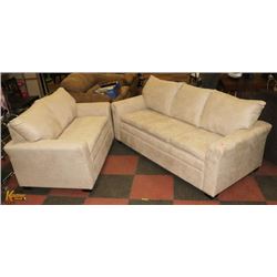 NEW BEIGE MICROFIBRE 82" SOFA WITH 59" LOVE SEAT.