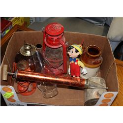 ESTATE BOX WITH VINTAGE BARN LANTERN, OIL LAMP