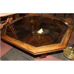 ESTATE OAK AND GLASS COFFEE TABLE 38.5"X16.5"