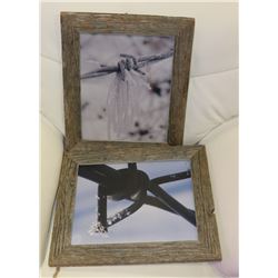LOT OF 2 WOOD FRAMED BARBWIRE PICTURES