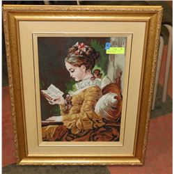LADY READING NEEDLE POINT ARTWORK FRAMED.
