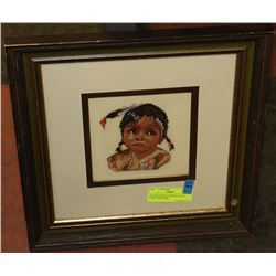 FRAMED FEMALE INDIAN NEEDLE POINT ARTWORK.