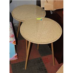 PAIR OF ROUND WOOD AND GLASS SIDE TABLES