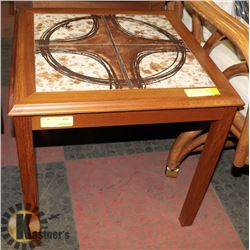 WOOD FRAMED CERAMIC TOP SIDE TABLE.