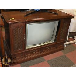 VINTAGE WOOD FRAMED TELEVISION UNIT WITH TV.