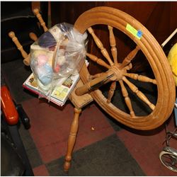 WOODEN SPINNING WHEEL WITH BAG OF YARN, KNITTING