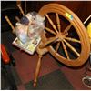 Image 1 : WOODEN SPINNING WHEEL WITH BAG OF YARN, KNITTING