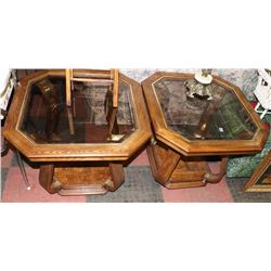 PAIR OF SOLID WOOD AND GLASS END TABLES, 26"X21".