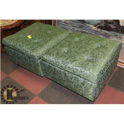 PAIR OF GREEN VINTAGE FABRIC OTTOMANS