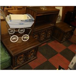VINTAGE WOOD CARVED CABINET WITH TWO END TABLES