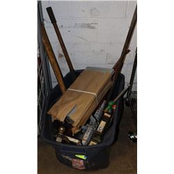 TOTE OF AXES, SNIPS, VISE, HITCHES AND MORE