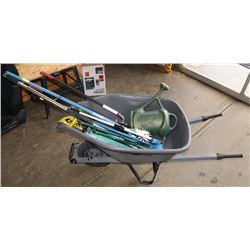 PLASTIC WHEEL BARROW SOLD WITH YARD TOOLS