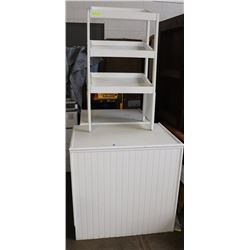 3 WHITE WOODEN DISPLAYS- 2 CUBES & UPRIGHT STAND