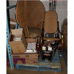 PALLET WITH WICKER CHAIRS, BINDERS AND HOUSEHOLD