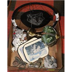 BOX W/DREAM CATCHER, WOLF FIGURINES,