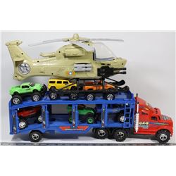 MONSTER TRUCK HAULER WITH 8 NEW BRIGHT VEHICLES,