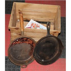 WOODEN CRATE WITH 2-9" CAST IRON PANS