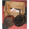 Image 1 : WOODEN CRATE WITH 2-9" CAST IRON PANS