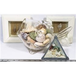 BOWRING GLASS FISH SHAPED BOWL FILLED WITH SHELLS,